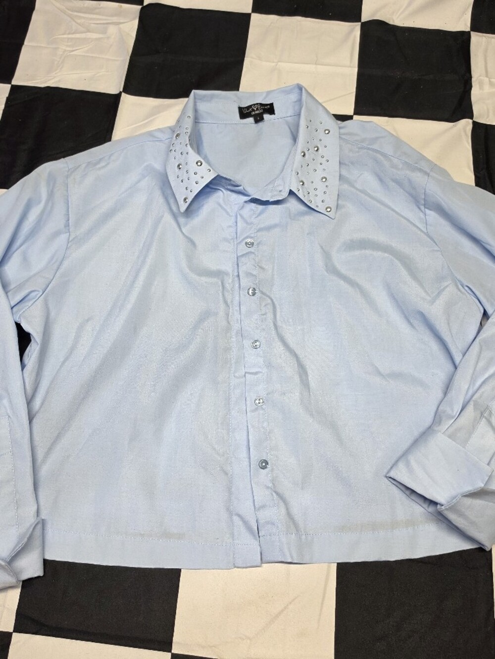 Light Blue Button-Down Shirt with Embellished Collar
